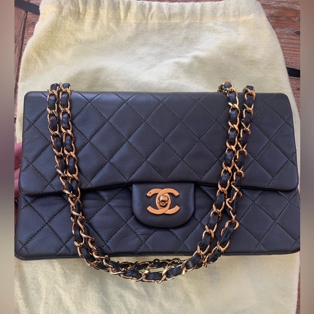 Authentic Chanel Vintage classic double flap bag in quilted lamb skin medium